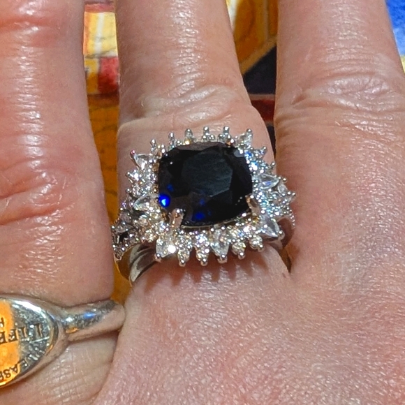 Blue Sapphire and CZ Sterling Silver Ring - Picture 8 of 8